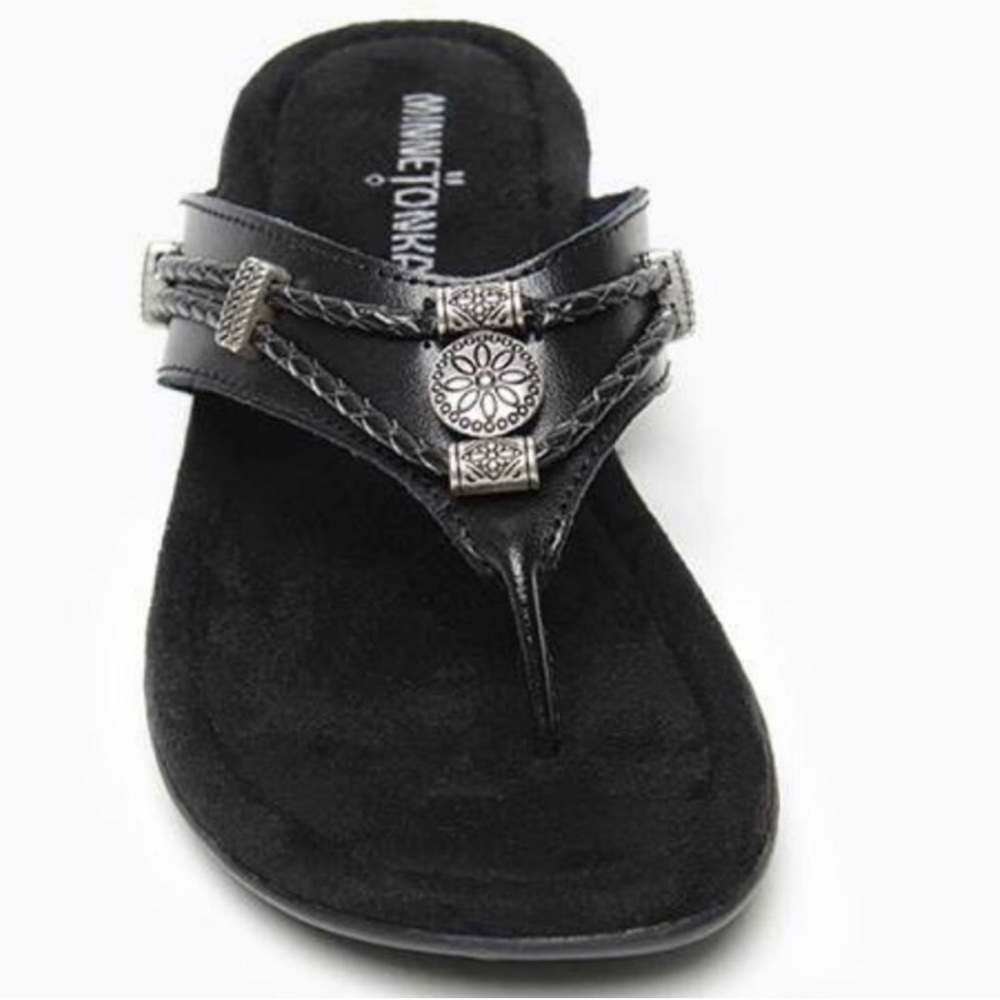 Minnetonka Black Leather Braided Thong Sandals Womens Size 10 Southwestern Boho - Picture 2 of 11
